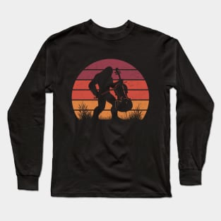 Bigfoot Sasquatch Playing the Cello Vintage Sunset Music Lover Long Sleeve T-Shirt